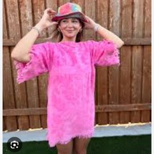 Anthropologie Ollari Hot Pink Fringe Terrycloth Tunic Dress Size Large/XL